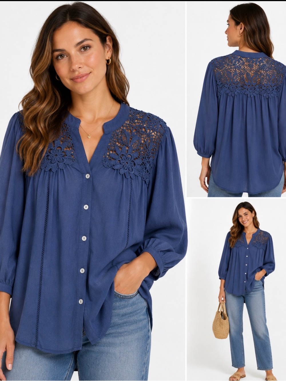 Figueroa & Flower Blue Floral Lace Button Front Tunic Blouse Size L